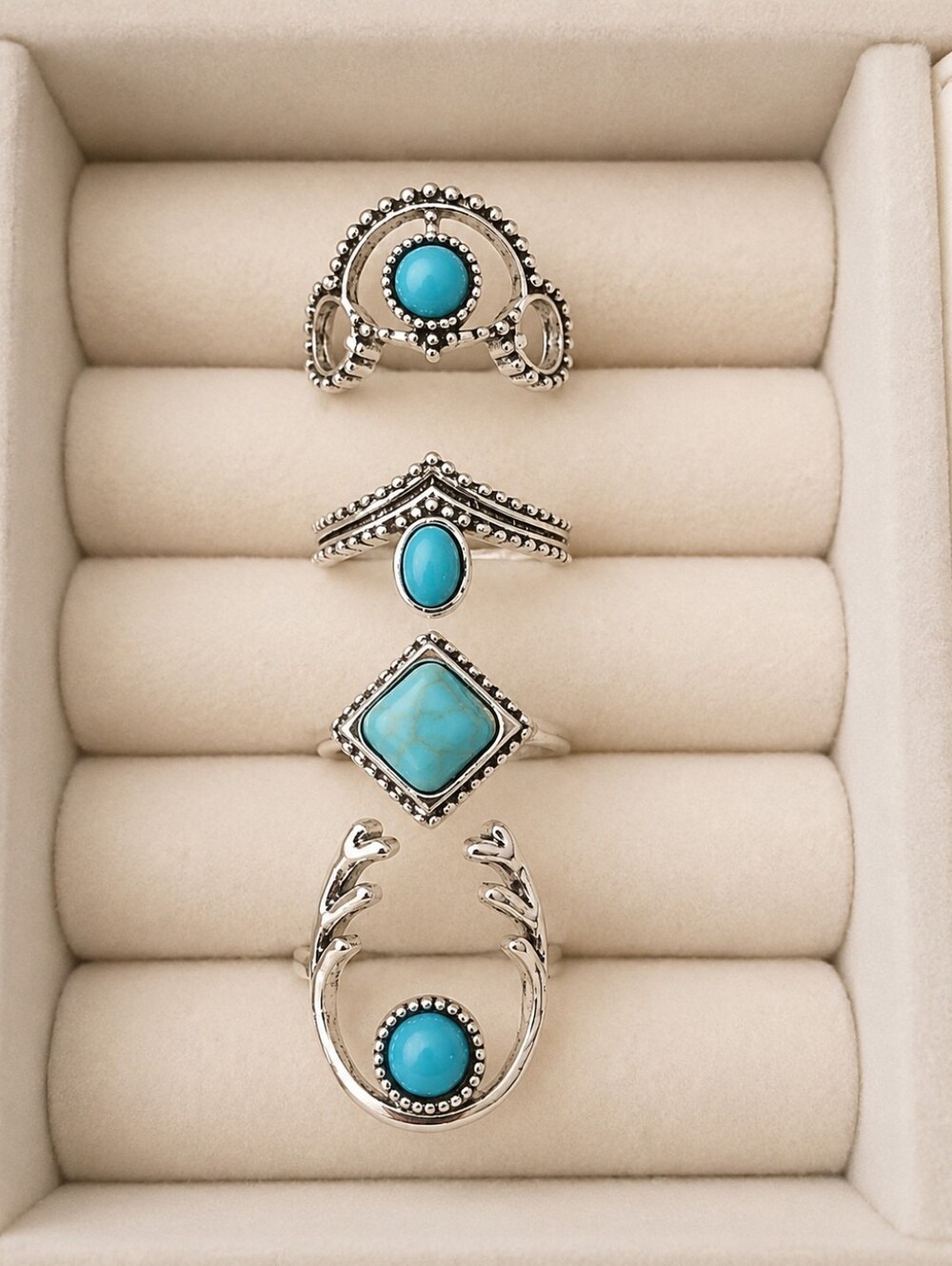 Boho Silver Turquoise Stackable Ring Set